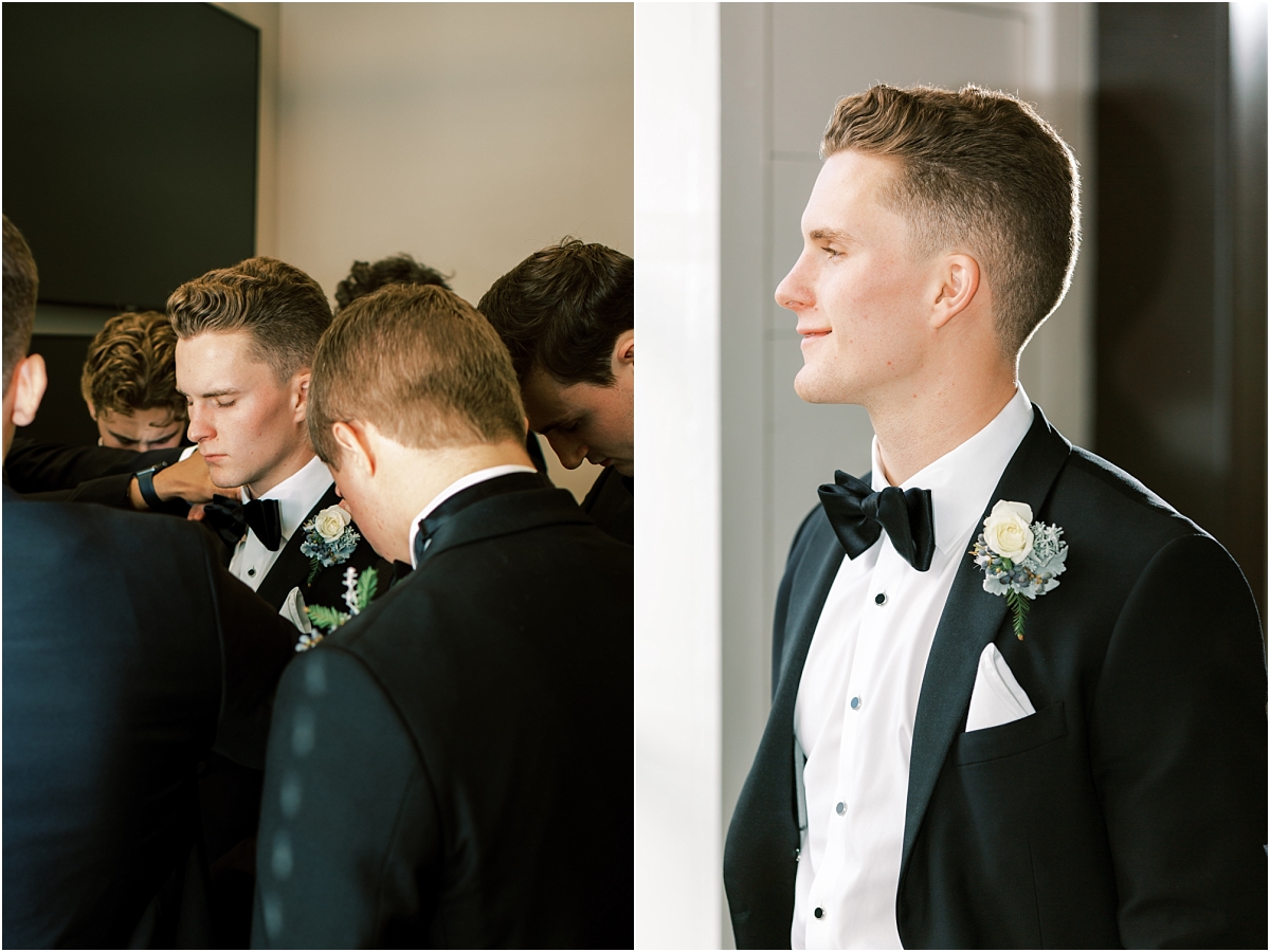 groomsmen praying with groom