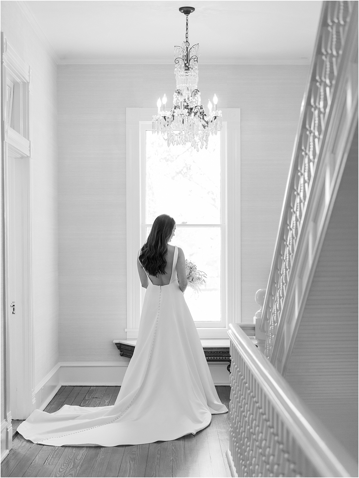 bride in the hallway at Woodbine Mansion
