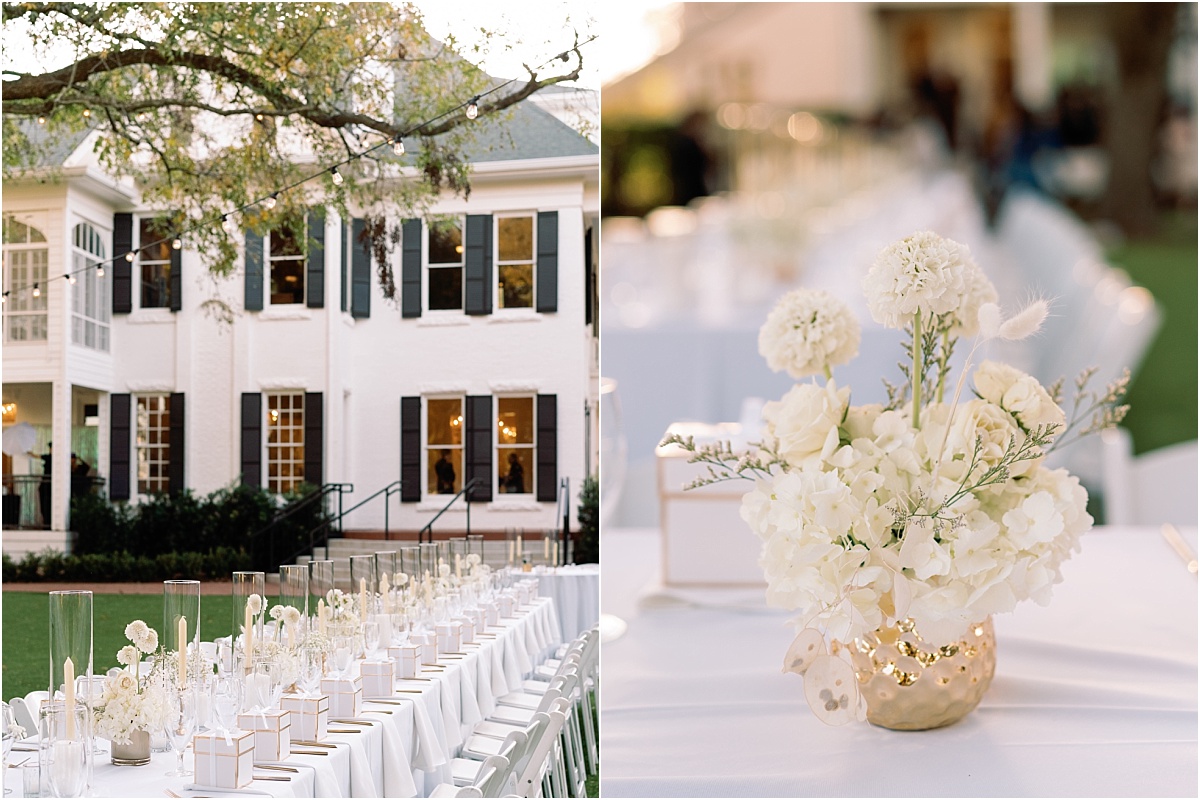 white reception decor at the Woodbine Mansion