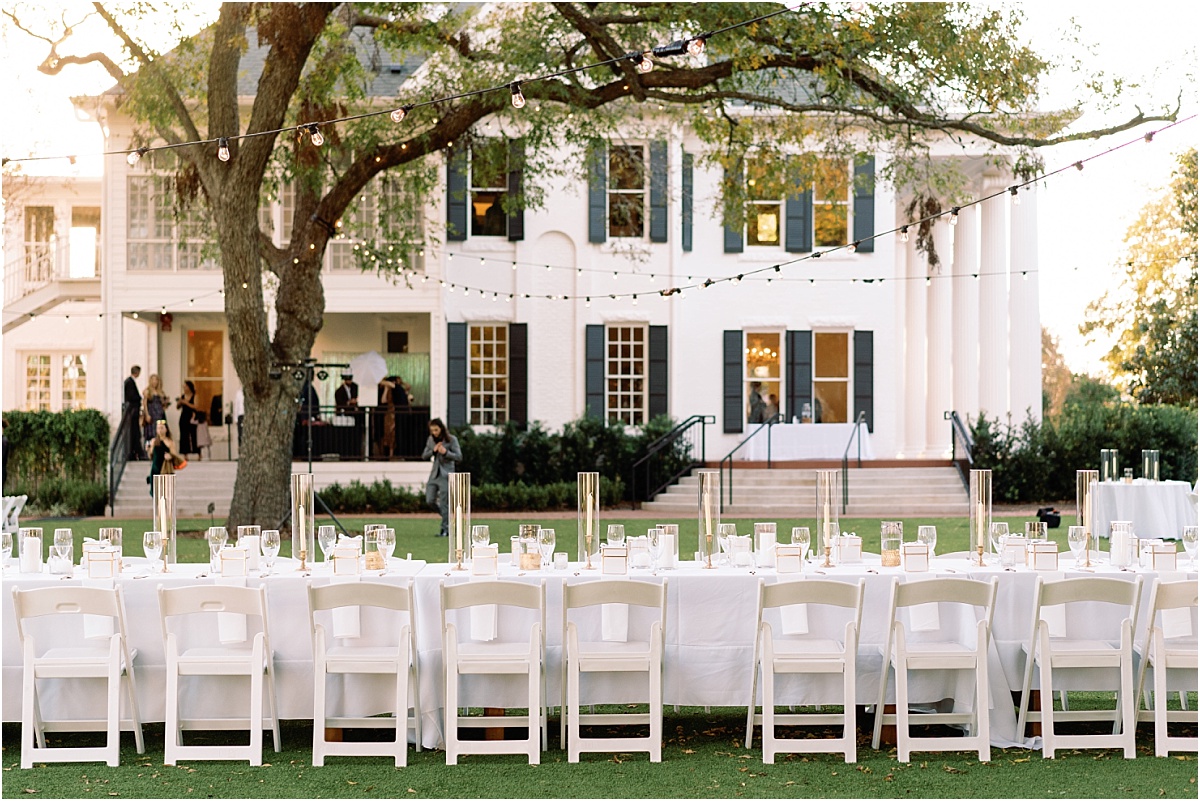 white reception decor at the Woodbine Mansion