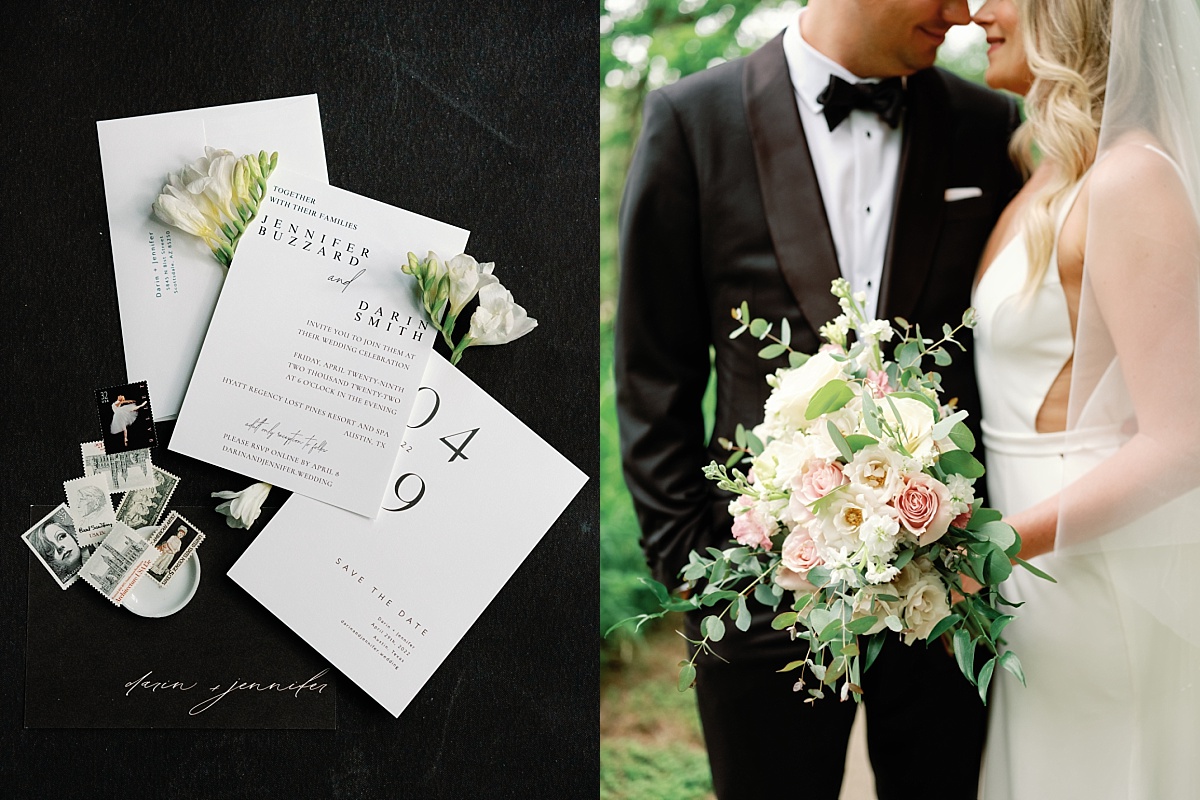 Flat lay of a black and white wedding invitation suite.