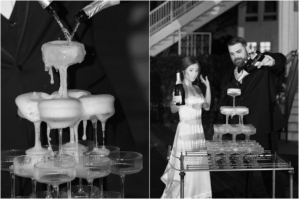 Bride and Groom pouring a champagne tower at their wedding