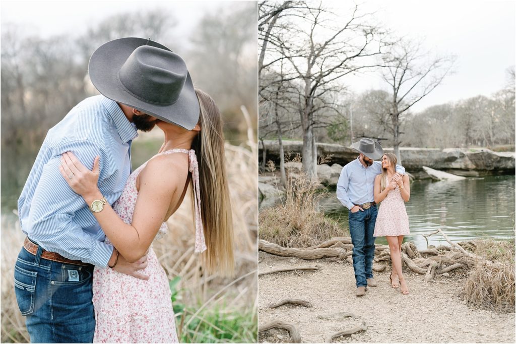 couple waling hand in hand during their engagement photos at McKinney Falls State Park.
