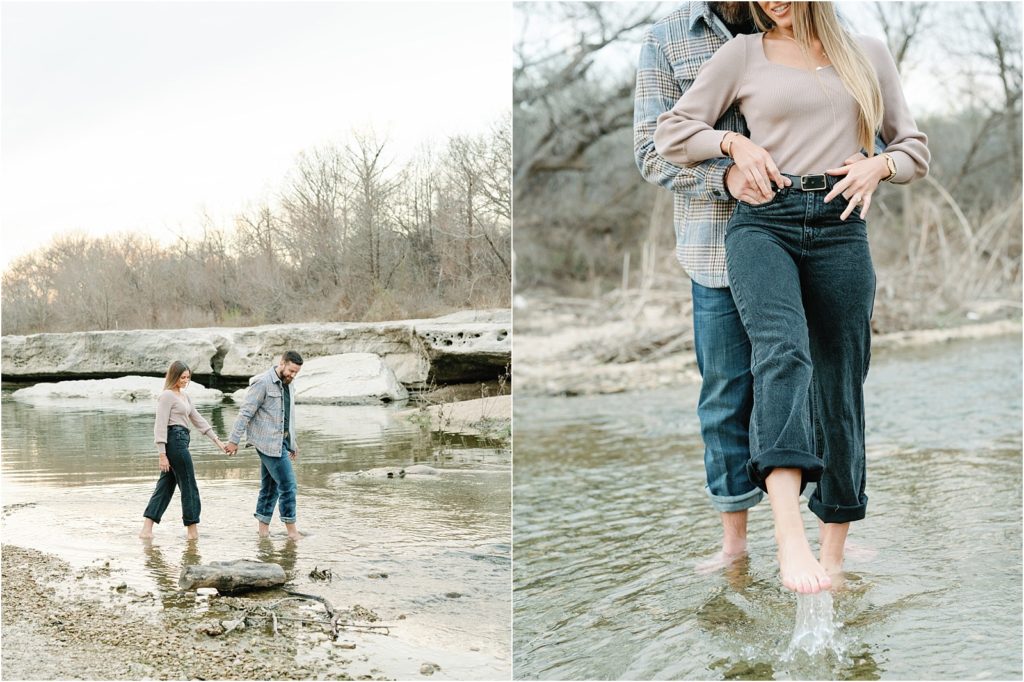 couple playing in the water at McKinney Falls state park during engagement session.