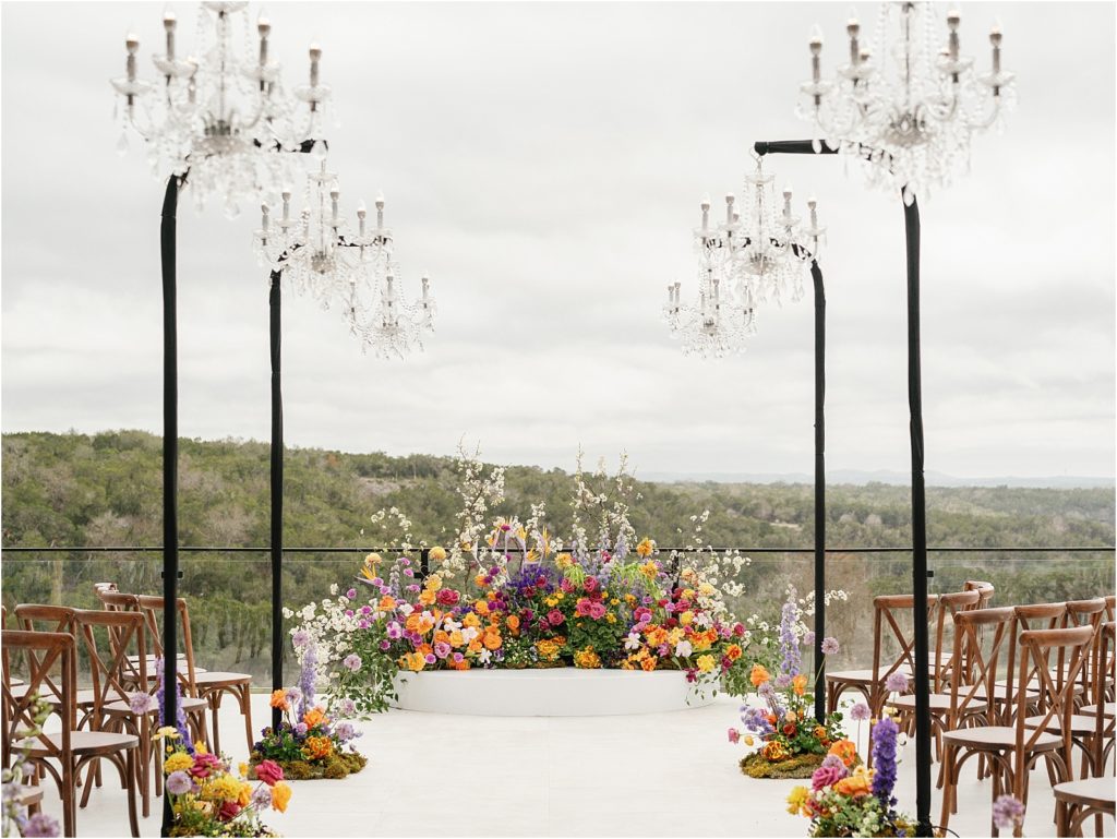 View of the full wedding ceremony site on the terrace at The Videre Estate.