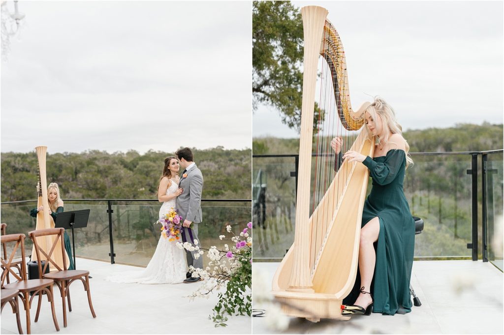 Sarah Hall playing the harp at a wedding ceremony at The Videre Estate.
