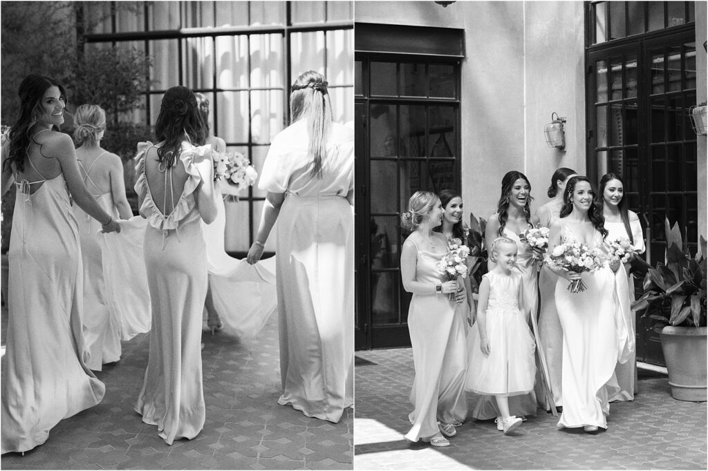 Bride with bridesmaids in the courtyard at Hotel Emma.