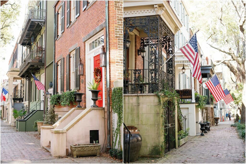 Homes on Jones Street in Savannah Georgia with American flags.