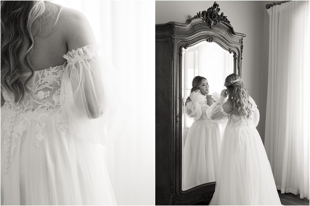 Bride getting dressed in the bridal suite at HighPointe Estate.