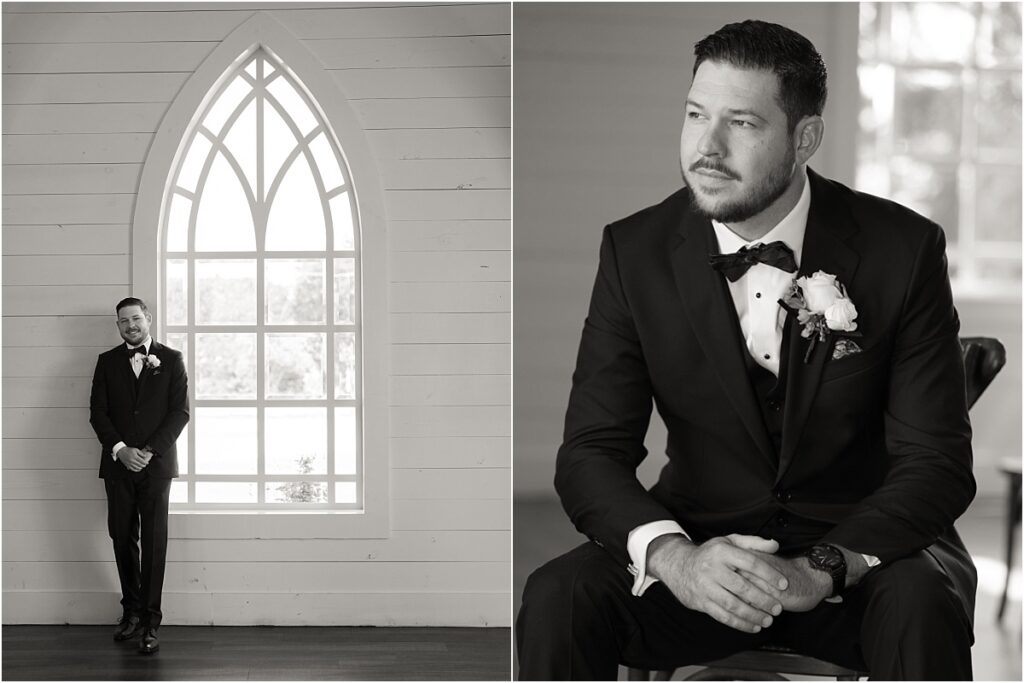 Groom standing in the chapel at HighPointe Estate.