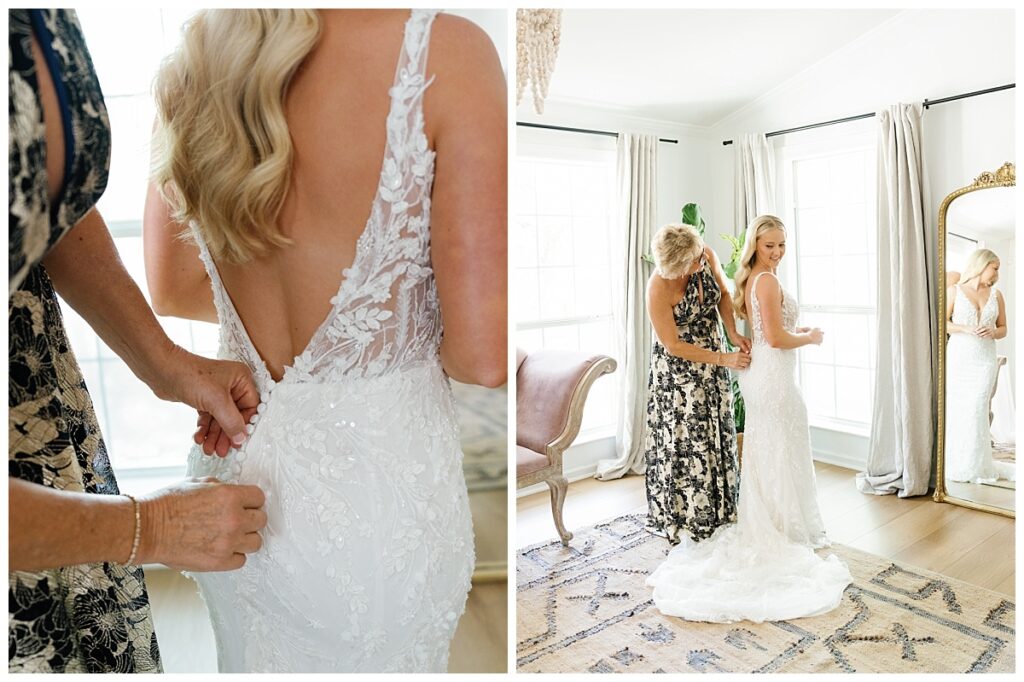 Bride getting dressed in the bridal suite at The Addison Grove.