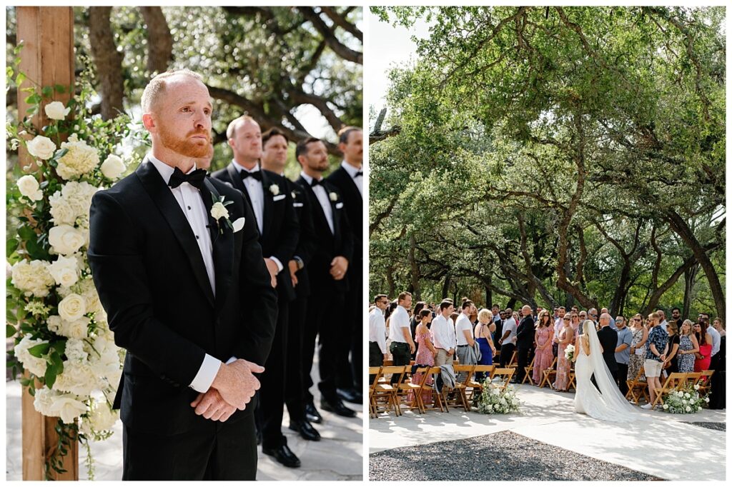 Groom crying while seeing his bride walk down the aisle.