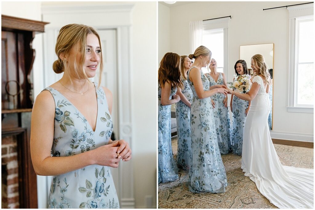 Bridesmaids smiling as they see the bride for the first time.