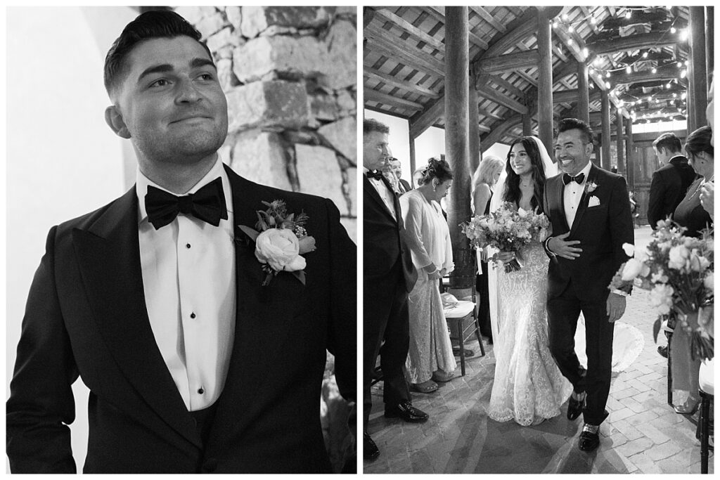 Savana walks down the aisle arm-in-arm with her father inside Ian's Chapel, her gown flowing gracefully as guests and the groom look on.