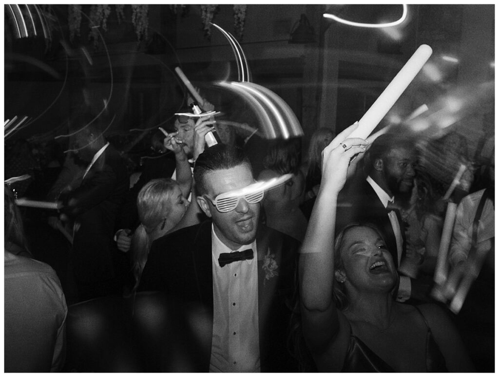 Guests join the bride and groom for an epic dance party