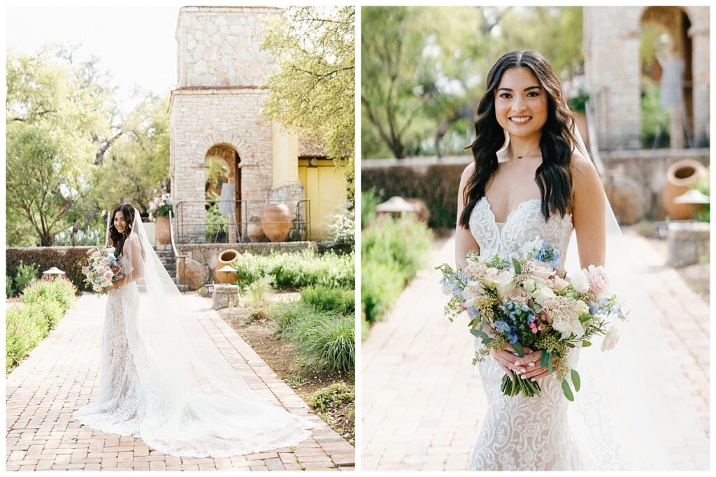 The bride stands under the ancient oak trees near Ian's Chapel, holding her bouquet and looking serene