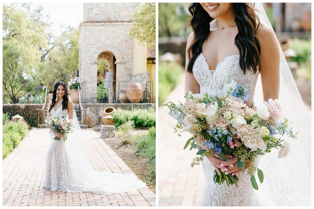 The bride stands under the ancient oak trees near Ian's Chapel, holding her bouquet and looking serene