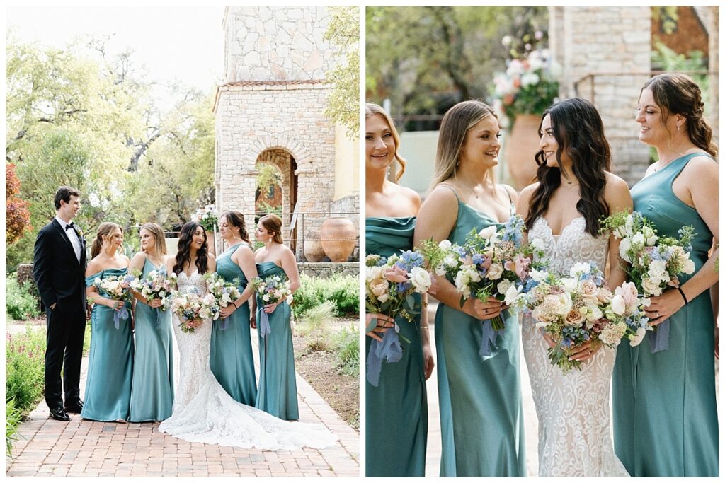 Savana and her bridesmaids pose elegantly under the ancient oak trees near Ian's Chapel, their smiles radiating happiness.