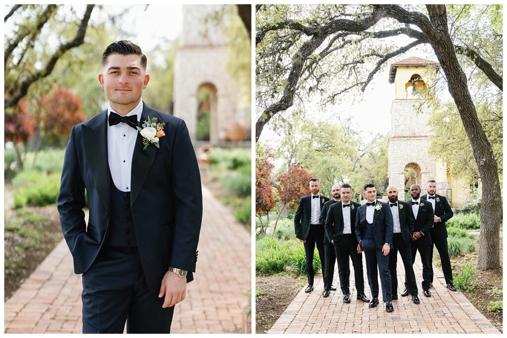 The groom stands under the ancient oak trees near Ian's Chapel, looking dapper and ready for the ceremony.