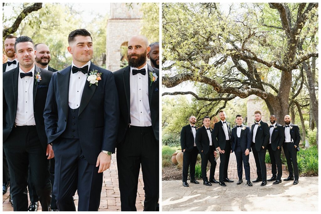 Casey and his groomsmen pose under the ancient oak trees near Ian's Chapel. 