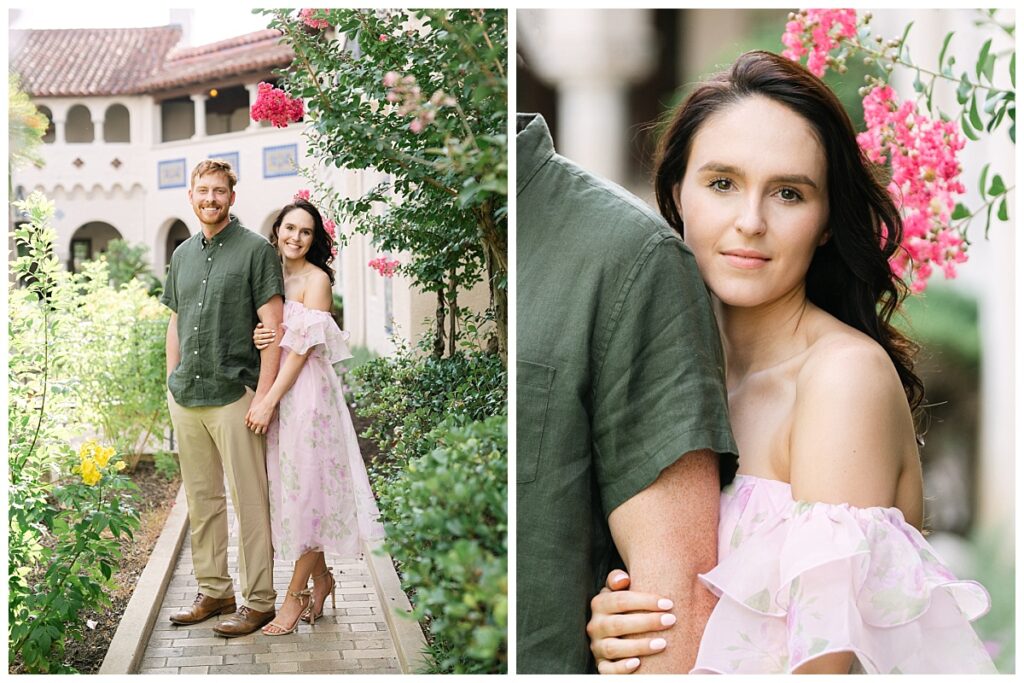 Catherine and Reuben smiling in the blooming gardens during their spring engagement session at The McNay Art Museum in San Antonio