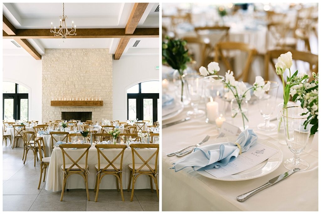 Elegant reception hall at The Preserve at Canyon Lake with white floral decor by Root and Wilde.