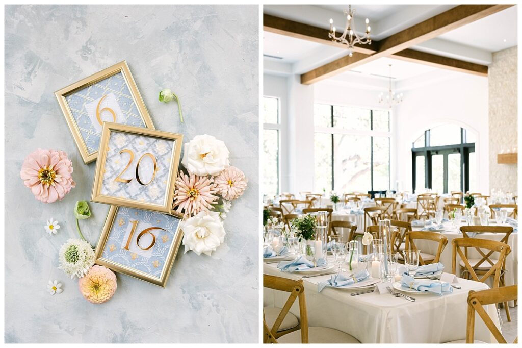 Elegant reception hall at The Preserve at Canyon Lake with white floral decor by Root and Wilde.