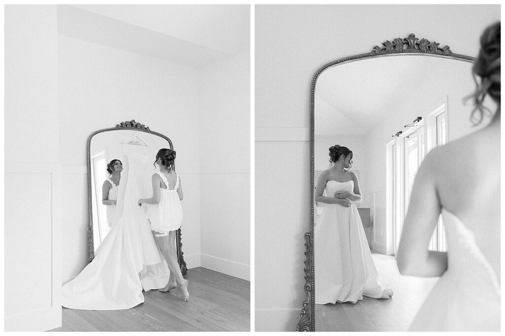 Bride getting ready in the beautifully lit bridal suite at The Preserve at Canyon Lake.