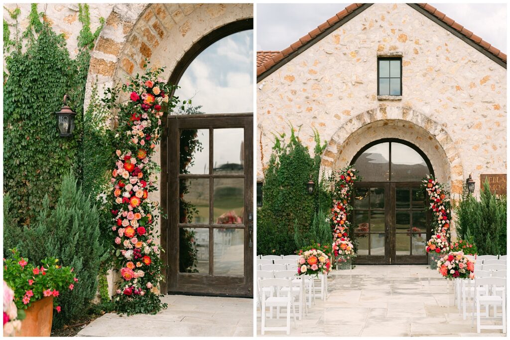 Pink floral ceremony installation at The Vineyard at Florence wedding