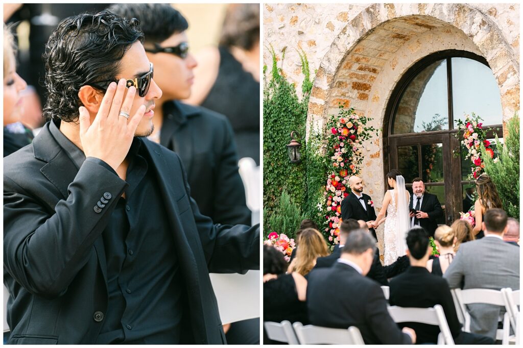 Outdoor ceremony site with dramatic floral design at The Vineyard at Florence