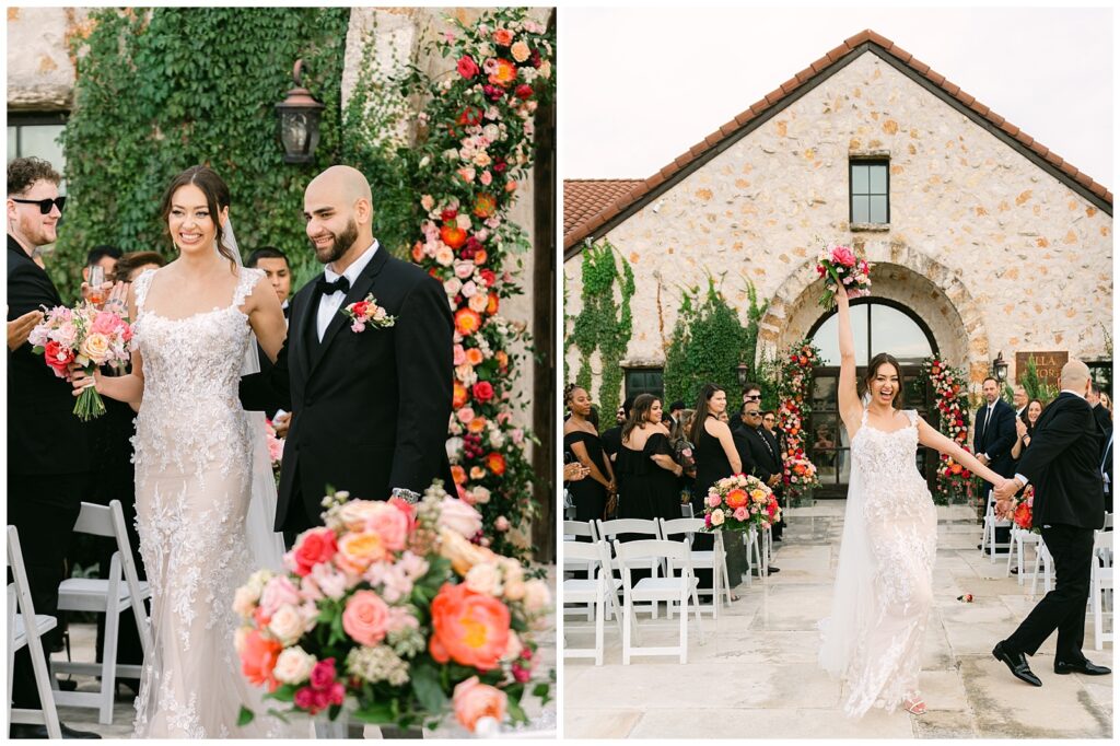 Luxury wedding ceremony with pink floral towers at The Vineyard at Florence