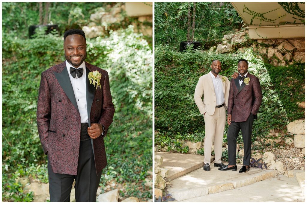 Portraits of the groom outside Villa Antonia.